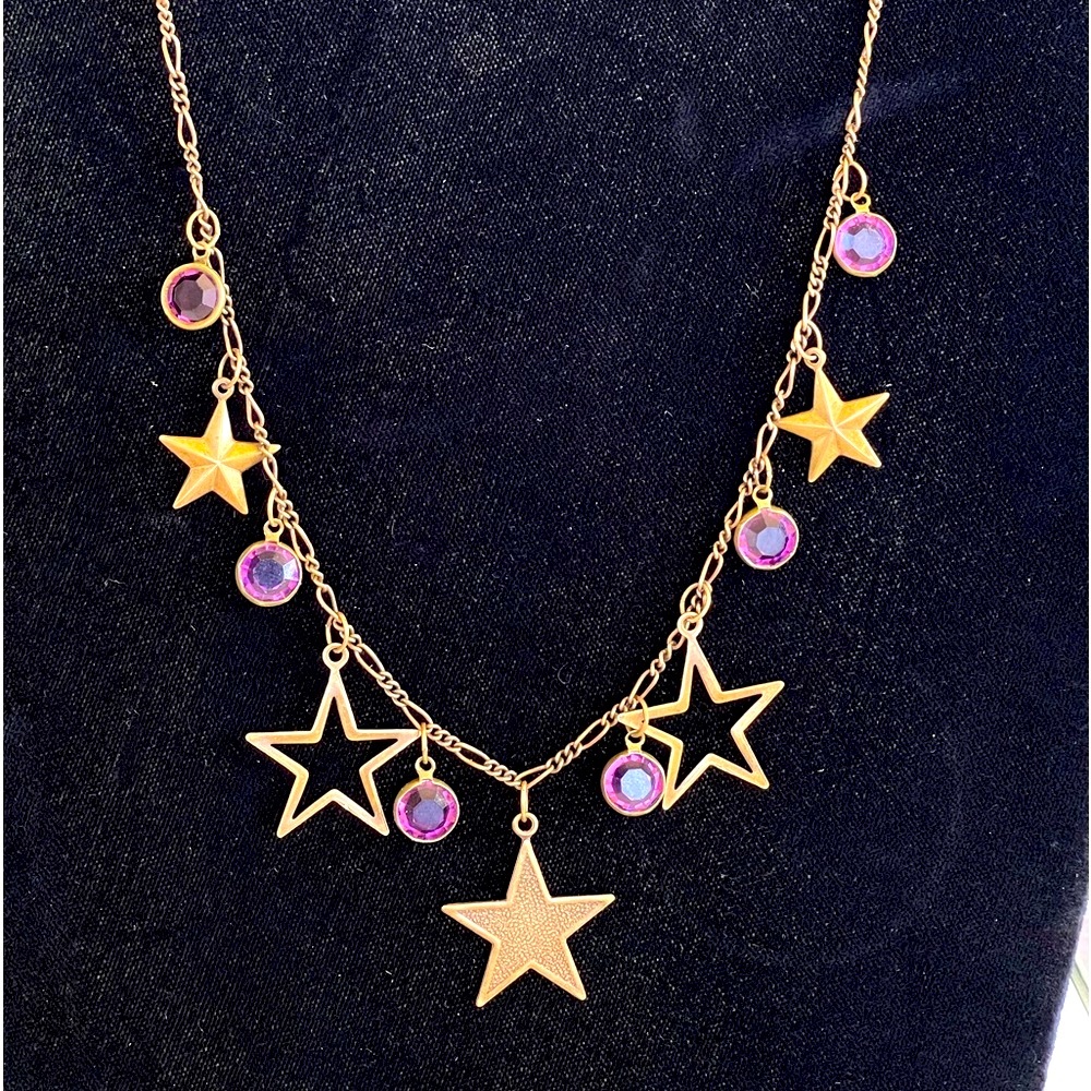 Vtg. 70’s Glass Works Necklace Purple Crystal and Metal Stars